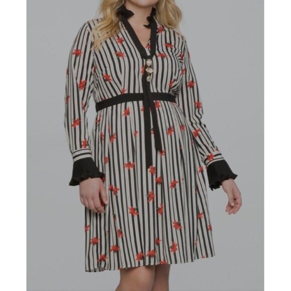 ELOQUII Black White Striped Red Floral Boho Midi Dress Sz 22 Cottagecore Ruffle - Picture 3 of 16